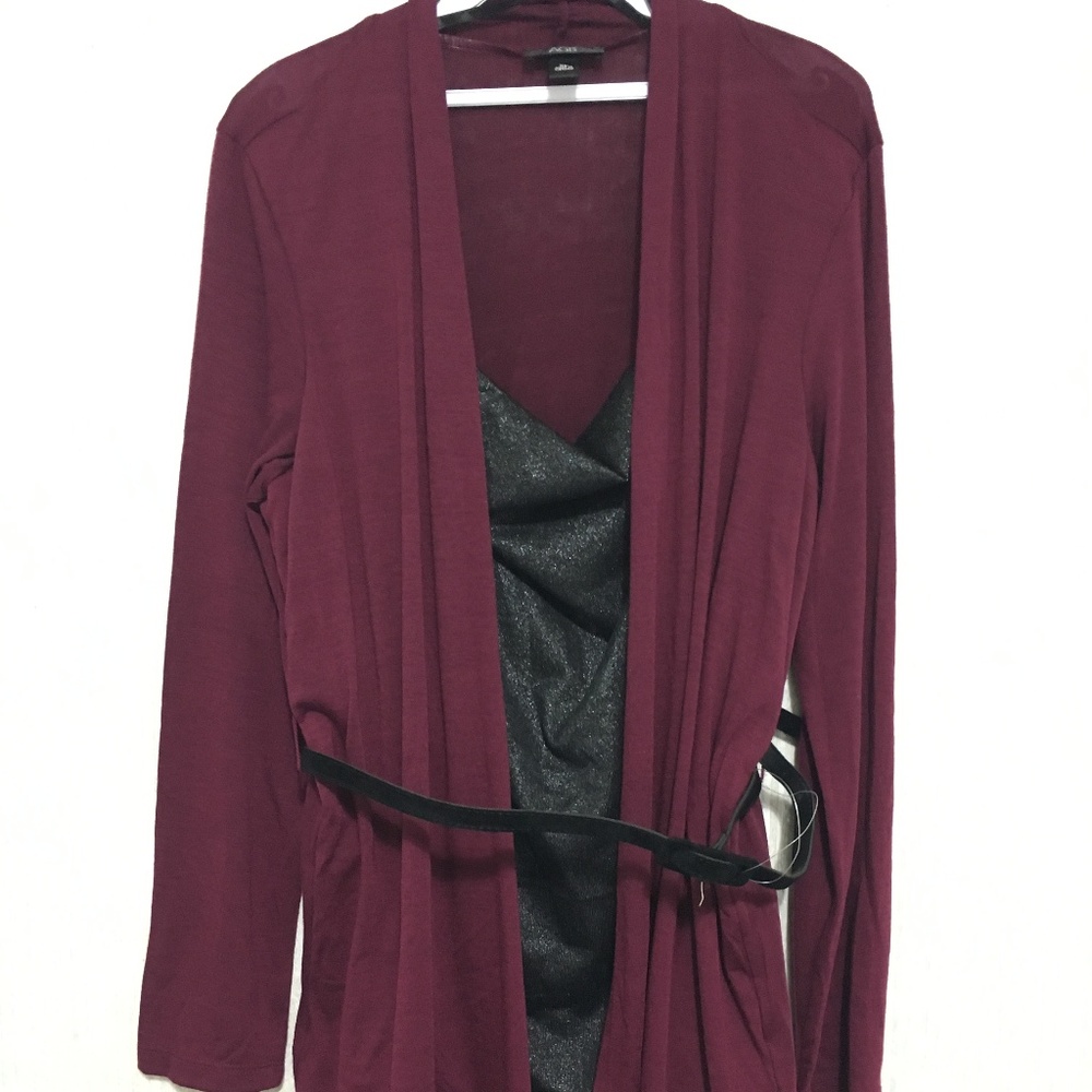 Long Sleeve Belted Layered Look XL X Large Maroon